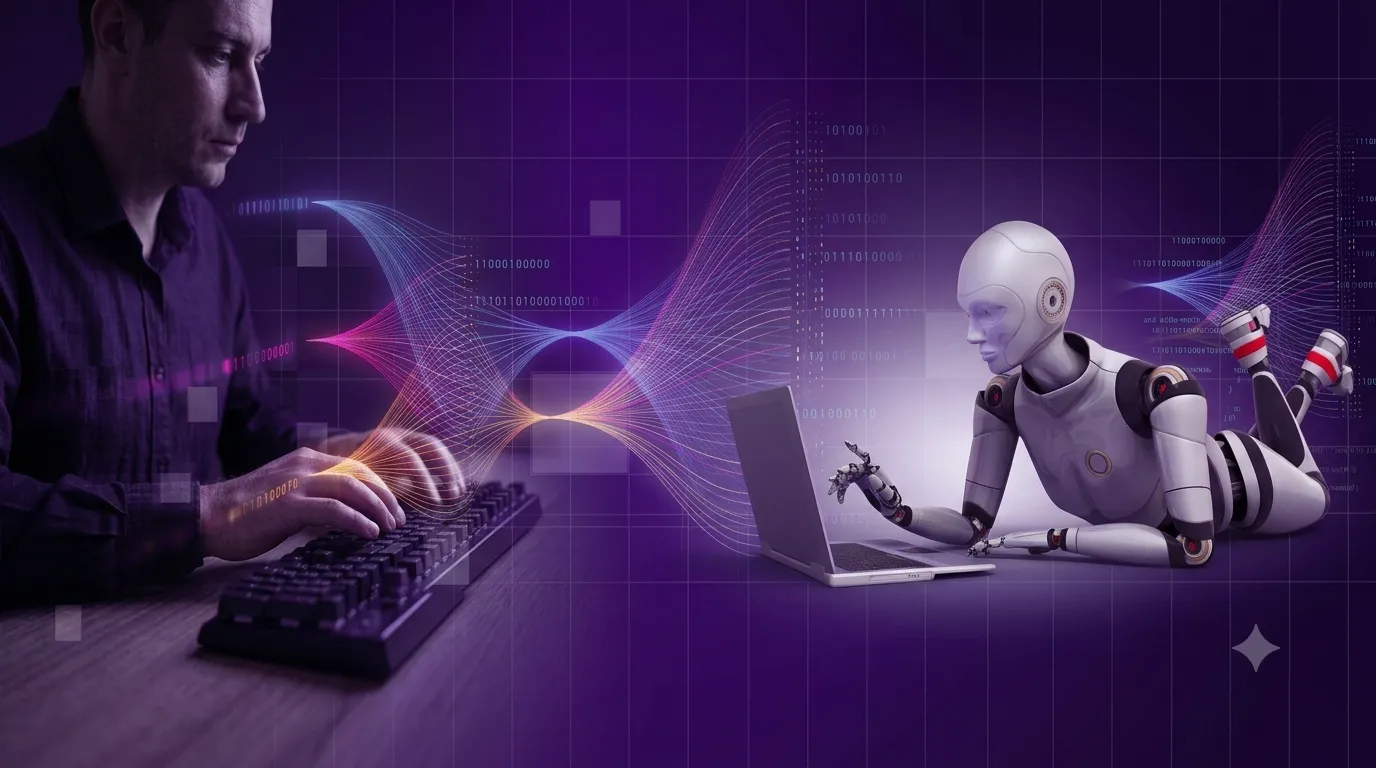 A person and a robot working together, connected by luminous data streams